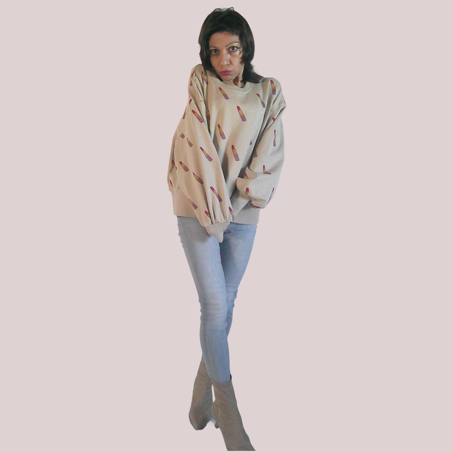 Lipstick Print Puff Sleeve Sweatshirt