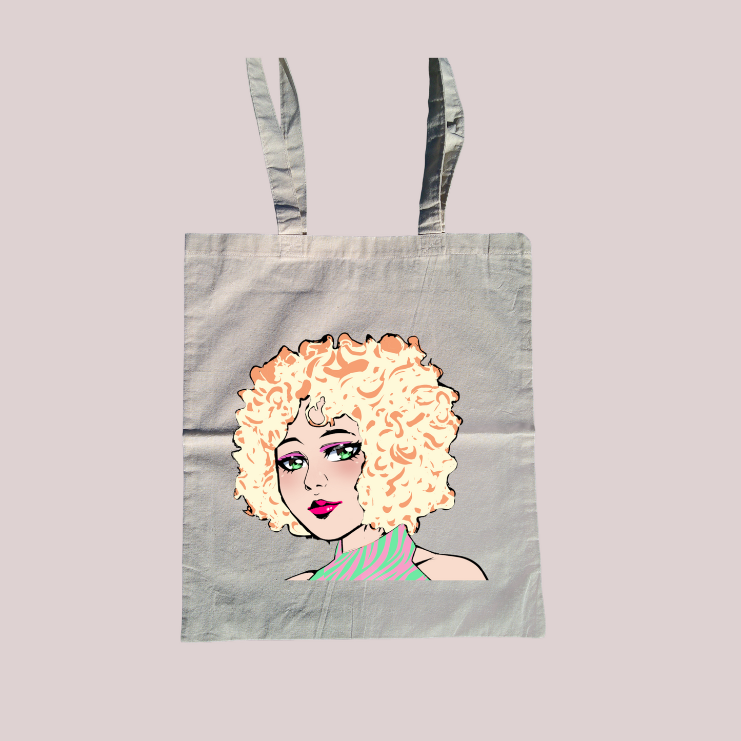 100% cotton Anime girl curly hair tote bag
