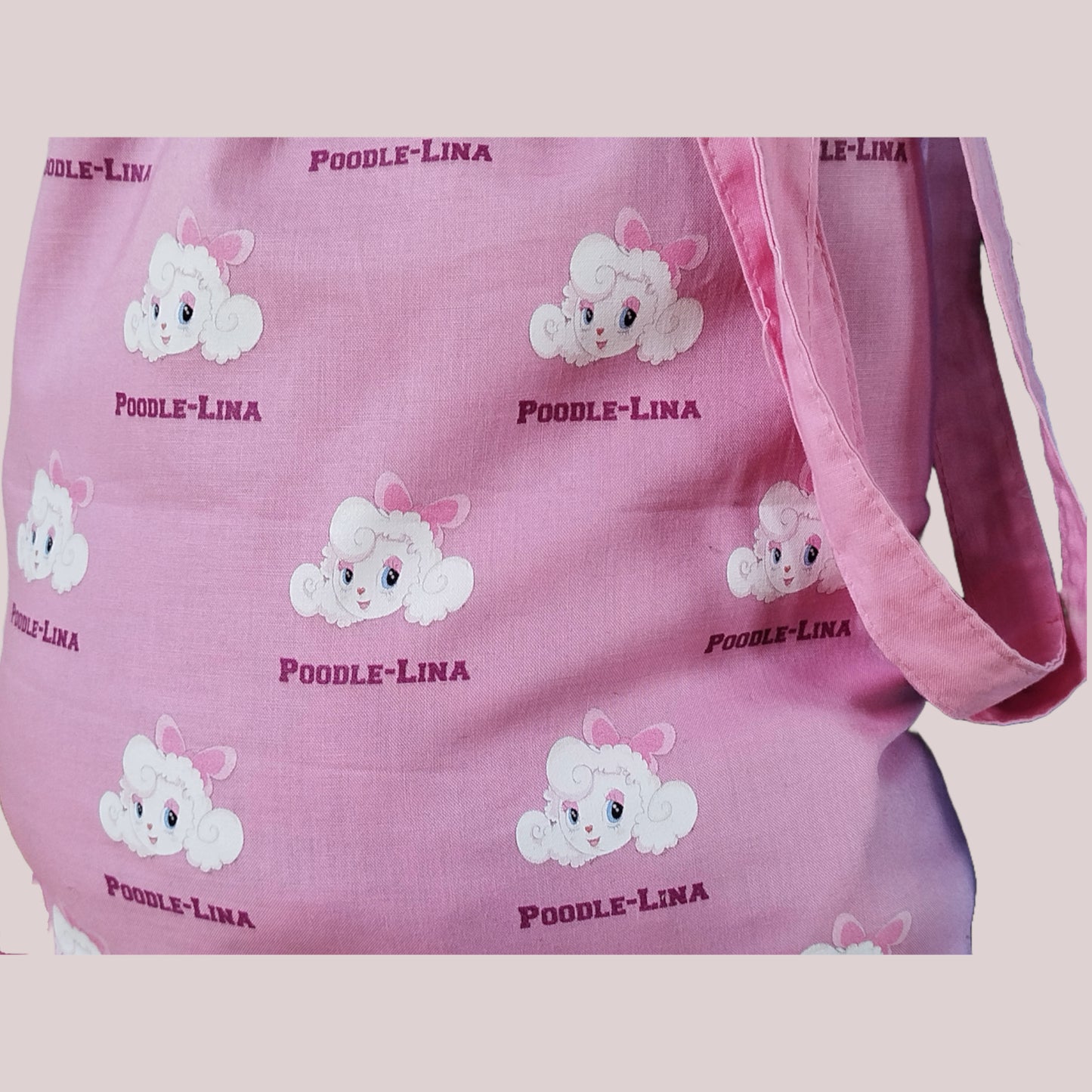 100% cotton tote bags with all-over-print of cartoon poodle with long handles