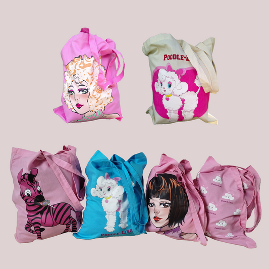 Collection of colorful bags with cartoon character designs on a light pink background
