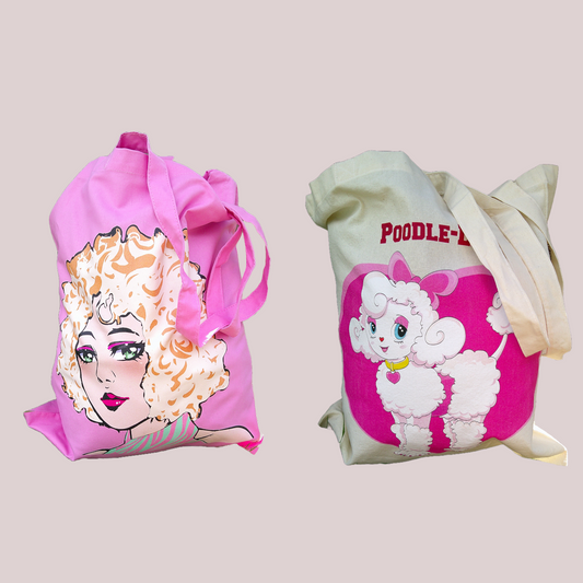Anime Girl Curly Hair and Poodle Heart Tote Bag Bundle!