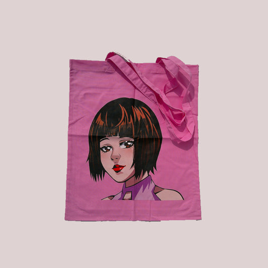 Pink tote bag with an illustration of an anime girl cartoon face 