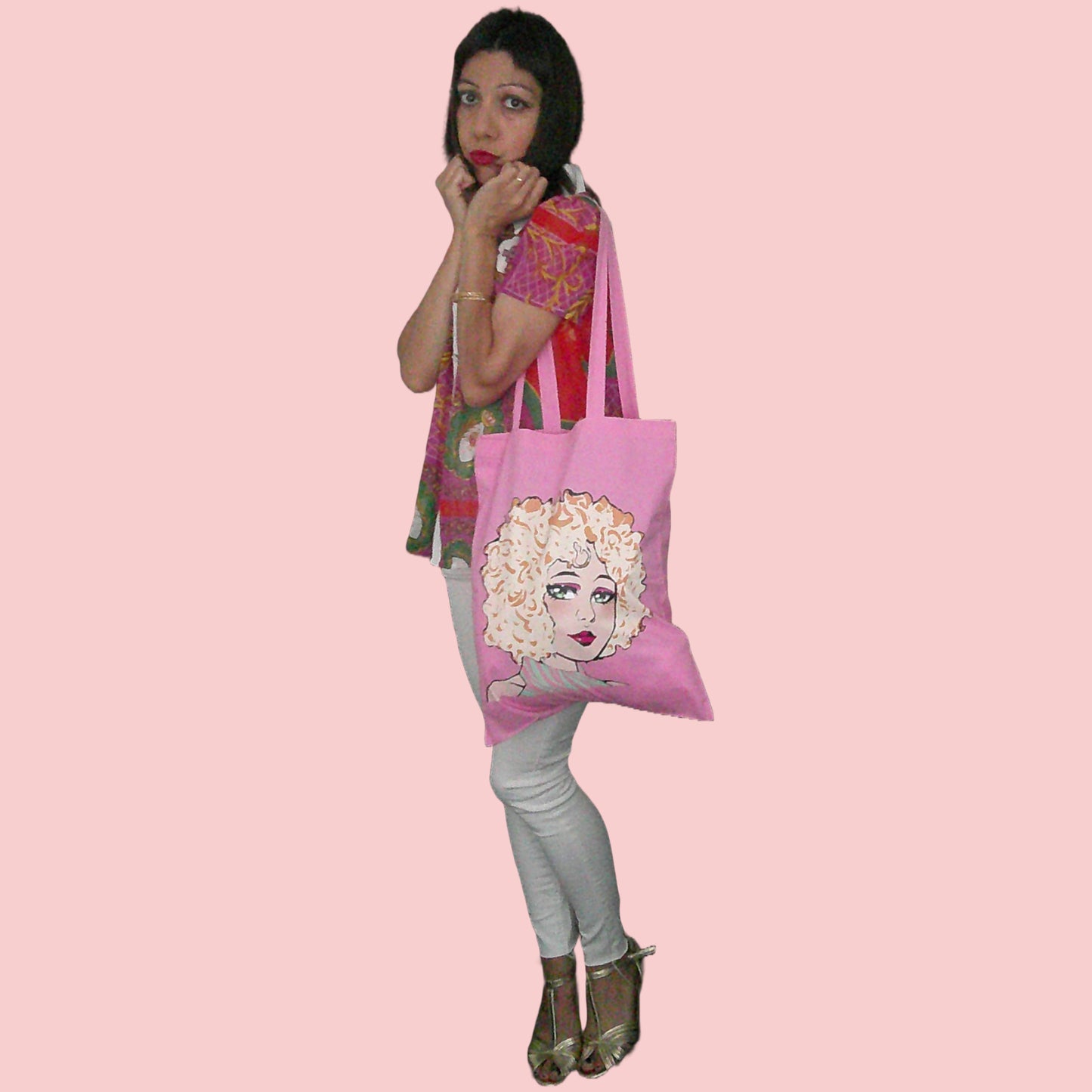 100%  cotton Anime girl curly hair tote bag