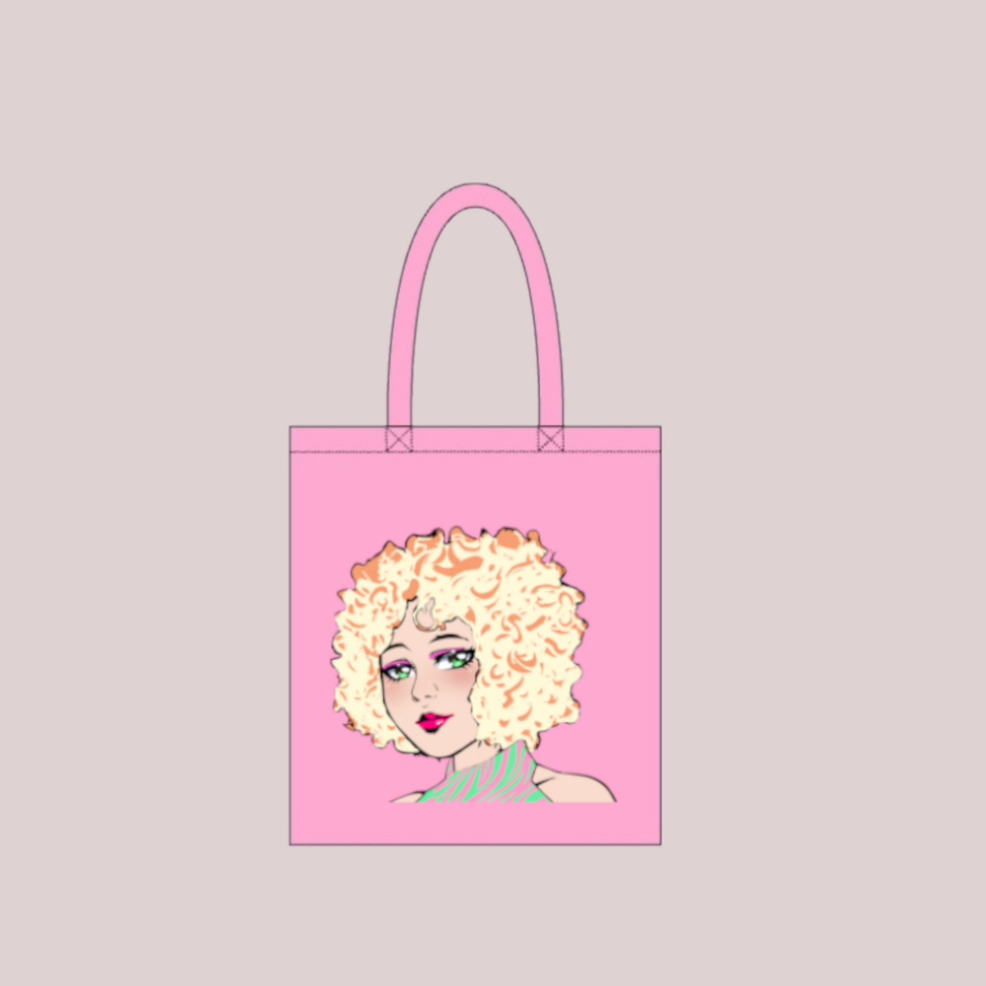 Pink cotton tote bag with a graphic of an anime girl with curly, blonde hair and halter outfit 