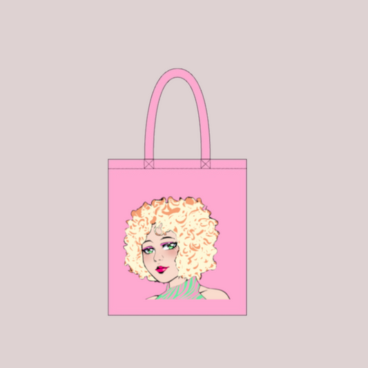 Pink cotton tote bag with a graphic of an anime girl with curly, blonde hair and halter outfit 