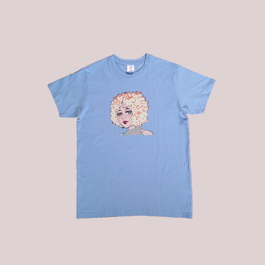 Light blue cotton t-shirt with a graphic of anime girl cartoon with blonde hair