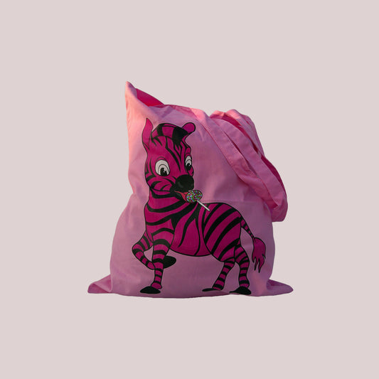 Pink shopper bag with pink zebra cartoon graphic 